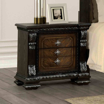 Table de chevet ornée de moulures en argent brossé 1pc port USB roulement à billes glissière français et anglais tiroirs en queue d'aronde finition espresso