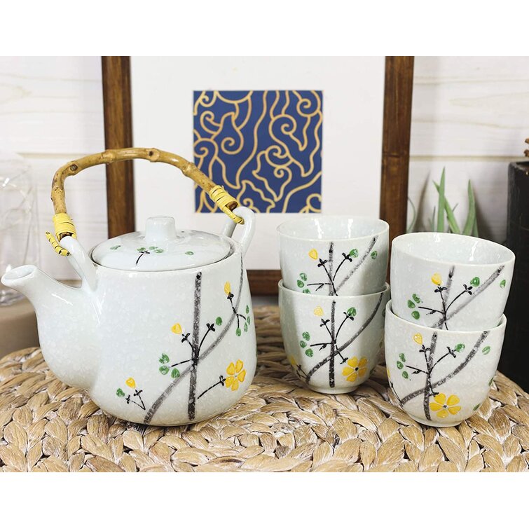 Japanese Design White Cherry Blossom Teapot and Cups Set