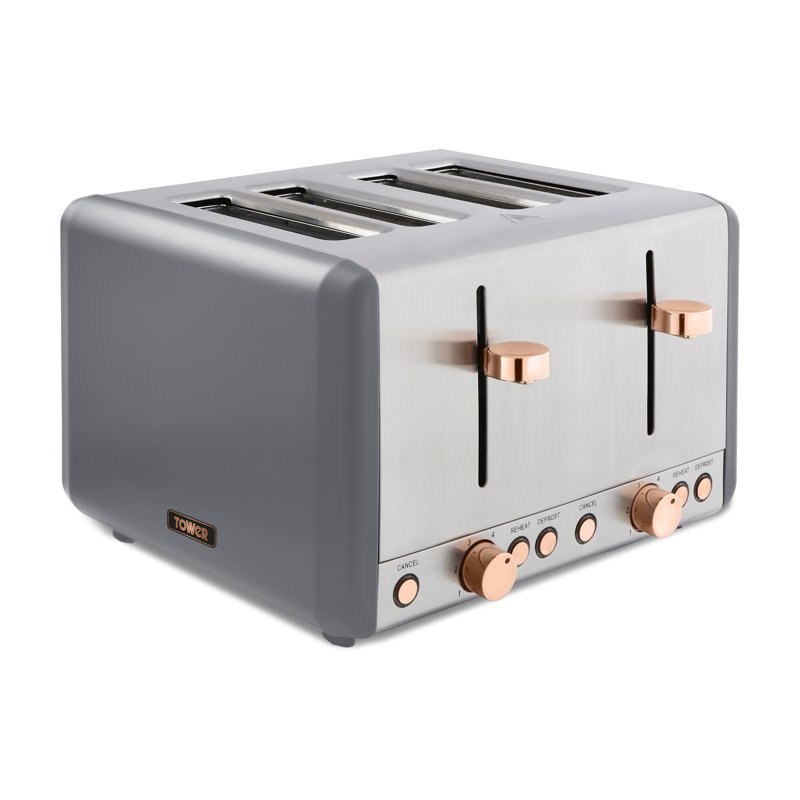 Tower Cavaletto 4-Slice Toaster with Defrost/Reheat, Stainless Steel, 1800 W, Grey