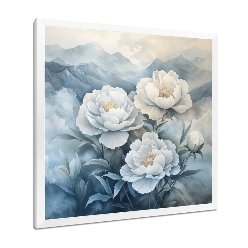 Givinda, pivoines dans les montagnes brumeuses I - pivoines, art mural, H 16 po x l 16 po, Blanc