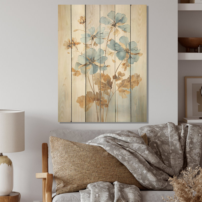 «Geraniums» beige et bleu Bloom I - géraniums, art mural sur bois de pin naturel, H 20 po x l 10 po