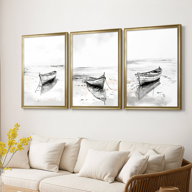 NAUTICAL Series CDL XXXIV - Toile tendue avec châssis sur mesure - 3 pièces, H 21 po x l 30 po, Doré