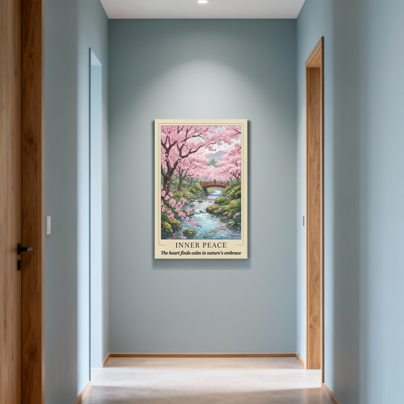 Landscape & Nature Cherry Blossom Stream Bridge Peaceful Nature Scene, 30" H x 20" W