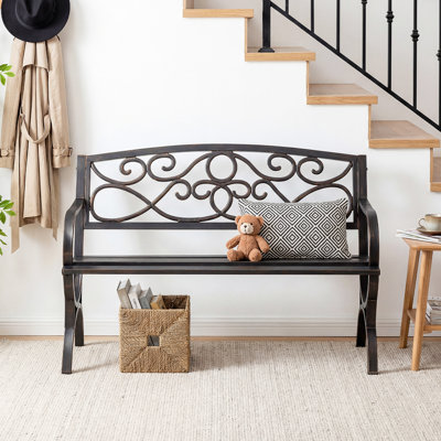 Outdoor Garden Bench, Iron Metal Frame Patio Park Bench with Floral Pattern Backrest, Arch Legs