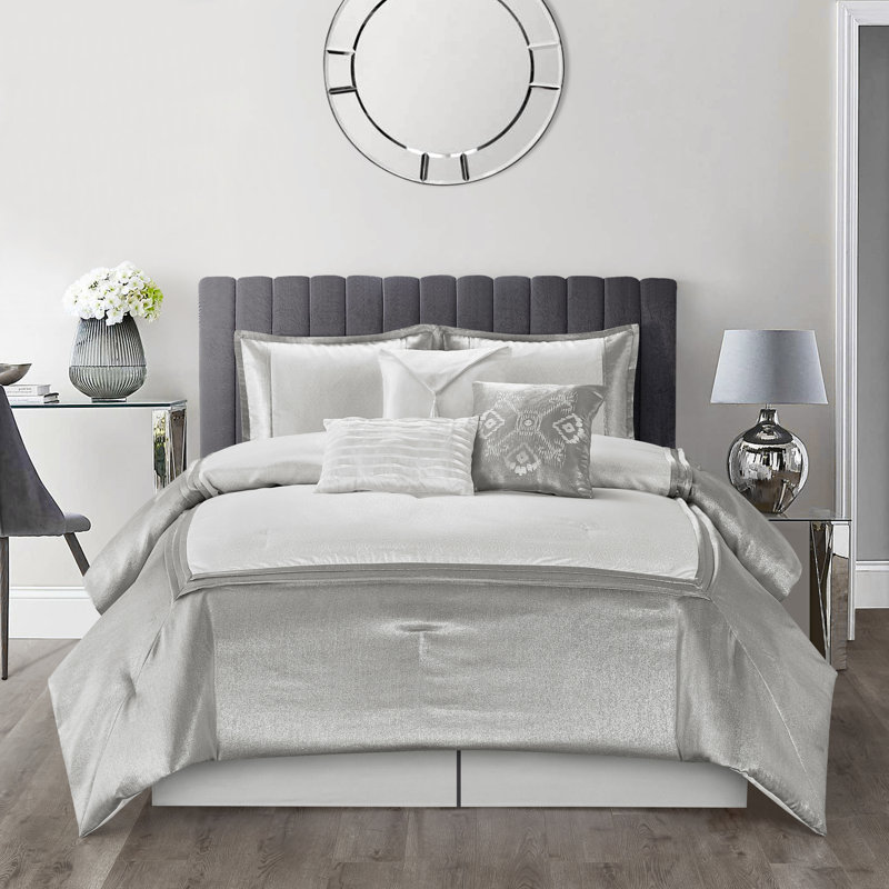 Prestyn White/Grey Microfiber 7 Piece Comforter Set, California King Comforter + 6 Pieces