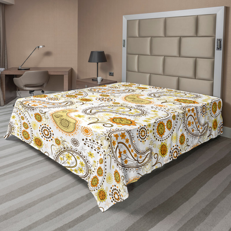 Drap plat Ambesonne Orient, Drap plat de taille double, Jaune, vert et bleu sarcelle / motif damassé