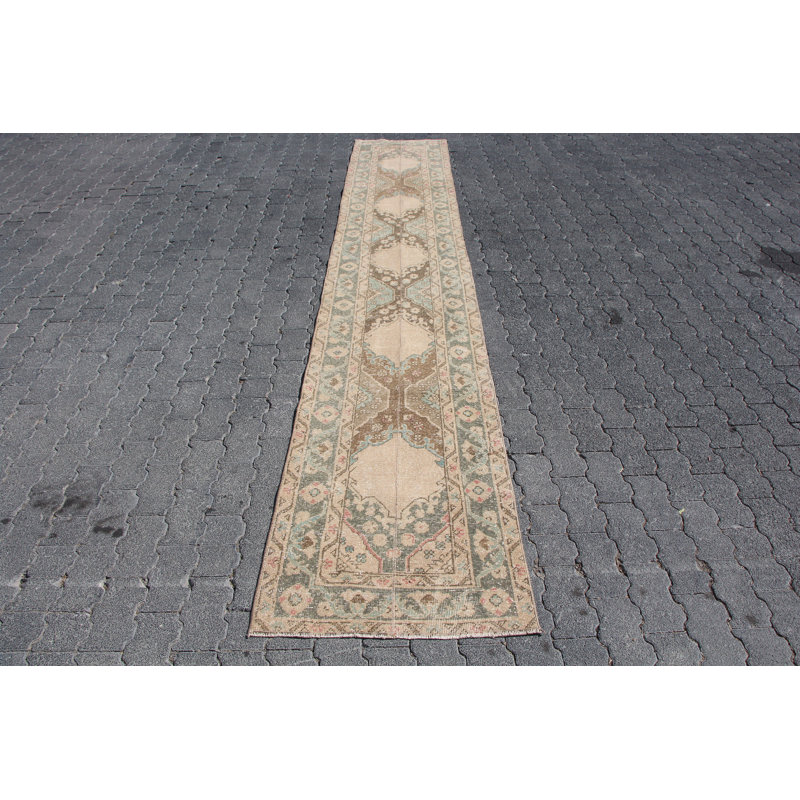 Tapis de couloir vintage en laine turque Oushak - motif patchwork beige pour les escaliers et les couloirs