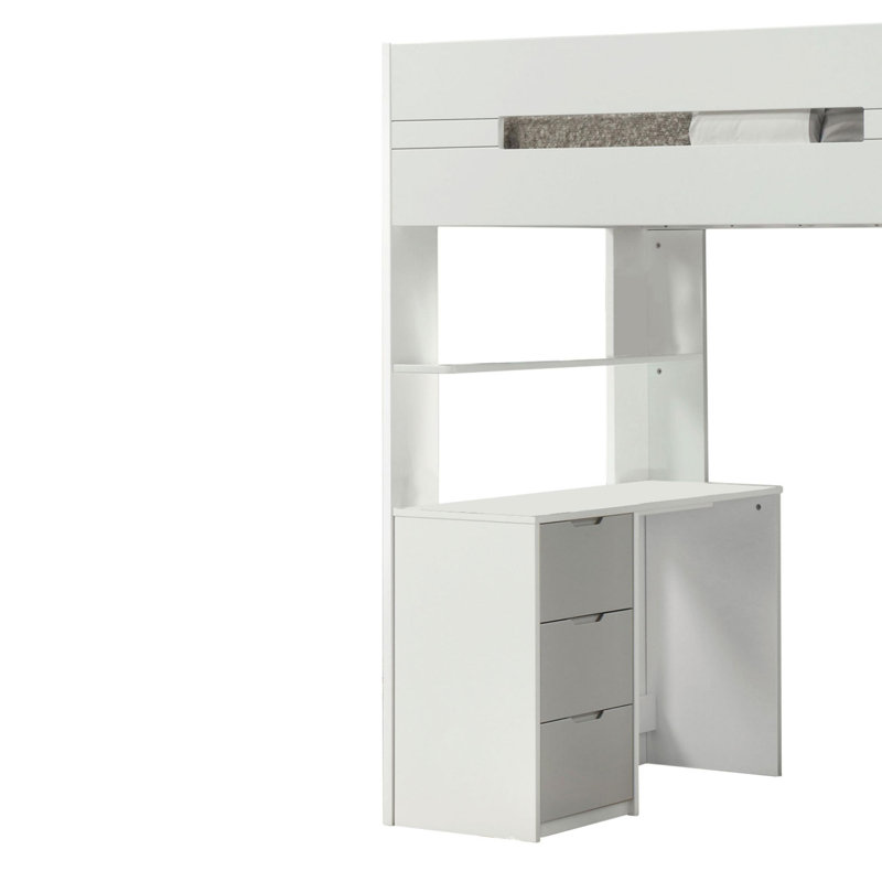 Lit mezzanine simple avec bureau et 3 tiroirs / bibliothèque Katrese, Blanc / Gris