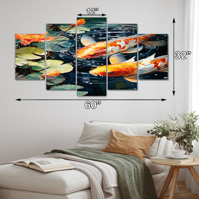  «Japon jaune et rouge doré Koi III - reproduction d'art sur toile japonaise - 5 panneaux