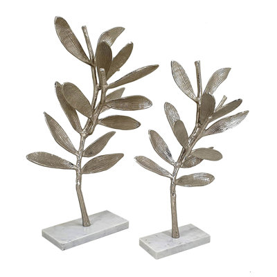 Accent Decor, Set Of 2 Silver Leaf Statuary, White Marble Base, 28, 22