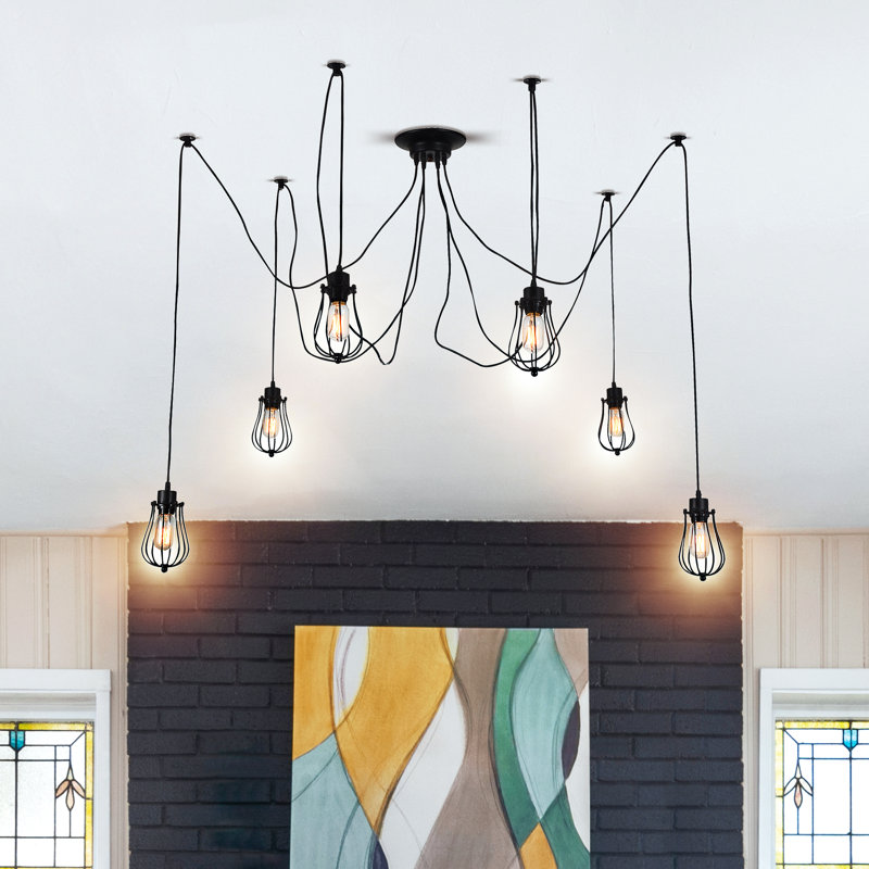 6-Light Multi Pendant – Black Industrial Cage Pendant Light Fixture