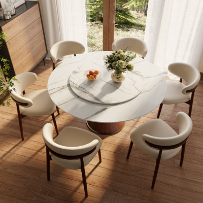 Round Dining Elegant Sintered Stone Table Set With Rotating Lazy Susan And 6 Upholstered PU Chairs For 4-8