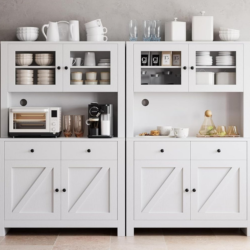 Armoire de cuisine autoportante avec tablette à micro-ondes - Buffet de rangement avec 2 tiroirs, 4 portes, tablettes réglables - Huche de salle à manger de style campagne - Blanc