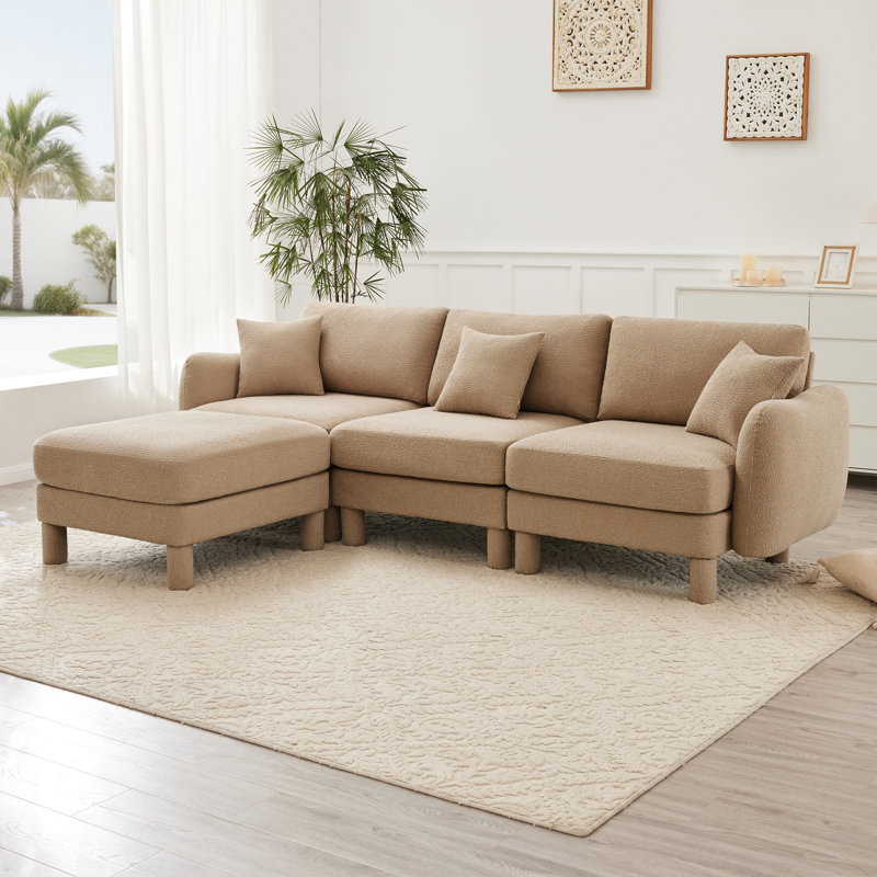 Couleur café L en forme de 3 avec tissu bouclé, pieds amovibles et cylindriques pour tissu de salon en forme de coquillage distinctif - style confort