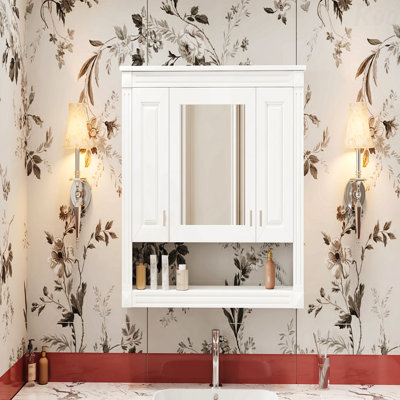 35inch Bathroom Wall Cabinet With Mirror, Wall Mounted Medicine Cabinet With Open Shelf, Mirrored Door Over Toilet Storage Cabinet, White