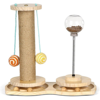 Grattoir pour chat avec balle jouet et trou d'alimentation