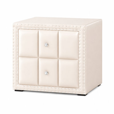 Fysa Nightstand, 2 Drawers, Crystal Knobs, Tufted Beige Upholstery
