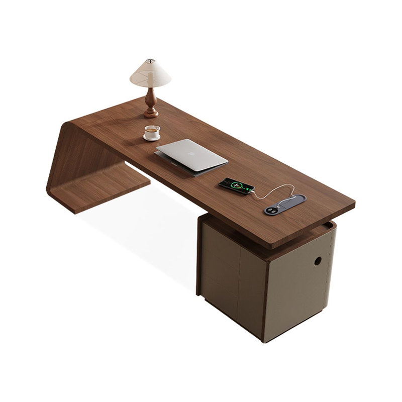Bureau en bois manufacturé rectangulaire brun noisette + beige + acier au carbone avec 3 tiroirs, Retour à droite