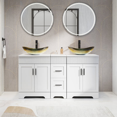 Ensemble de meuble-lavabo à double cuve 60 "avec plateau en bois manufacturé, lavabos, robinets et drains Akron