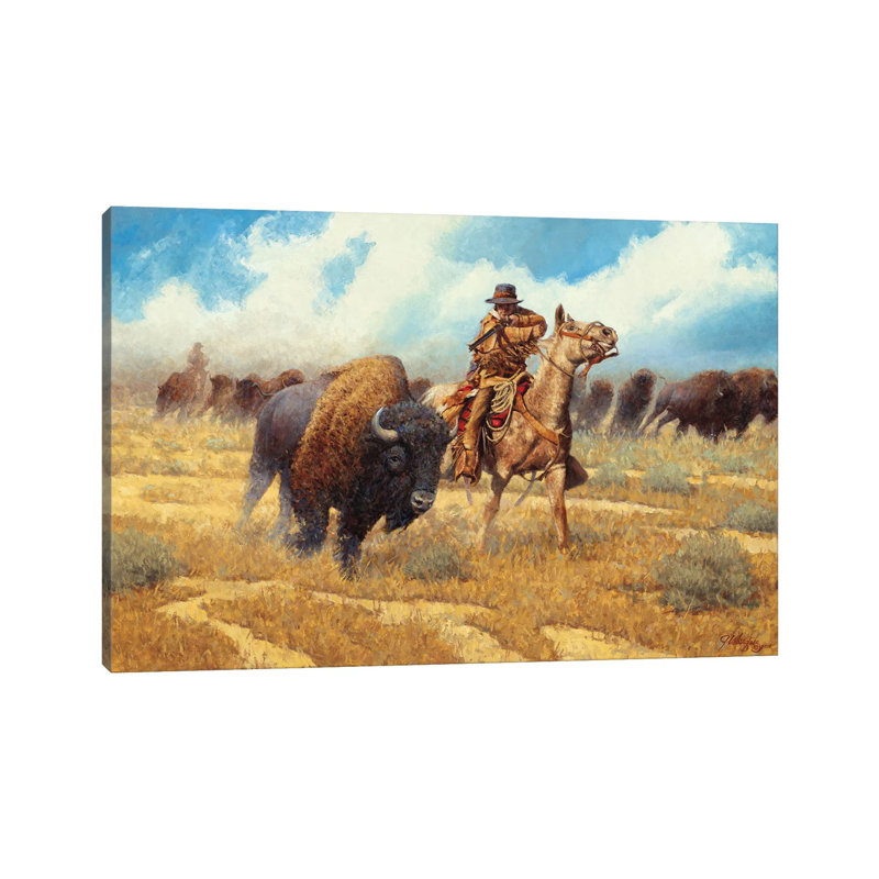 «Buffalo Hunter» par Joe Velazquez - peinture sur toile tendue, H 26 po x l 40 po x 1,5 po