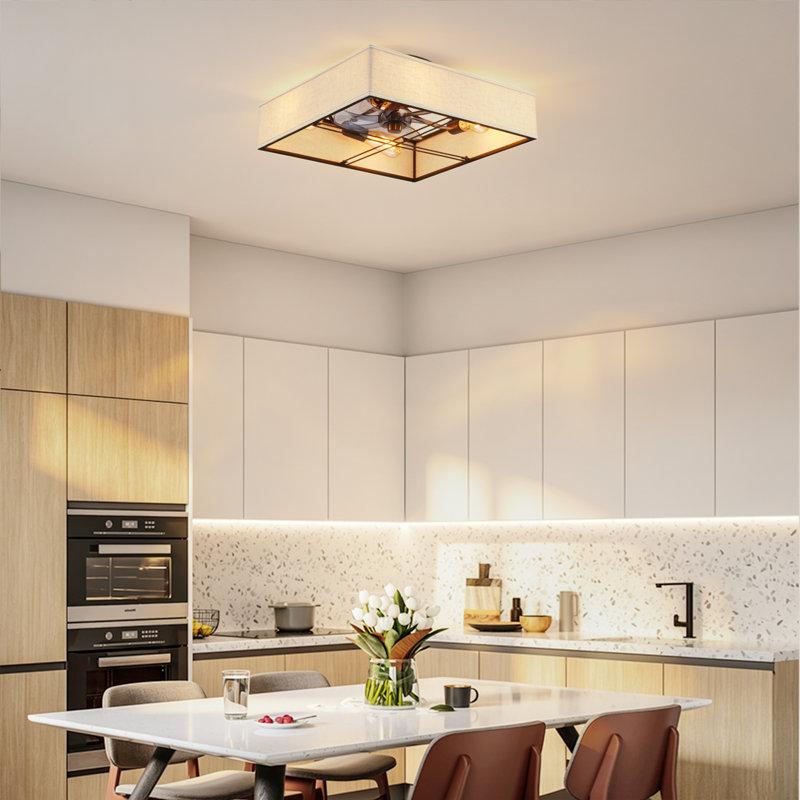 16.6" Square Fabric Farmhouse Flush Mount Ceiling Fan ,Reversible Motor, DC Remote Control,7 PCS PC Blades,6 Speed Ceiling Fan,Timing, for Bedroom Kitchen Living Room--NOT Included Bulbs