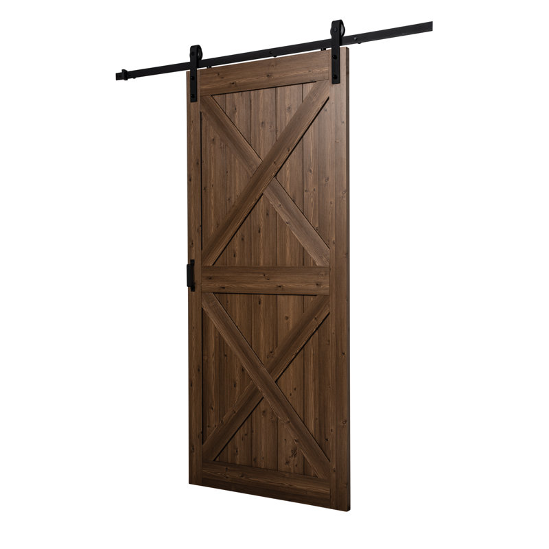 Porte de grange complète en panneaux à conception en X double avec finition en bois manufacturé avec quincaillerie d'installation