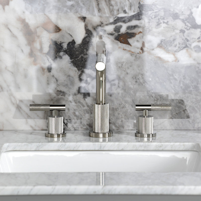 Kingston Brass Convergent Two-Handle 3-Hole Deck Mount Widespread Bathroom Faucet with Knurled Handle and Brass Pop-Up Drain