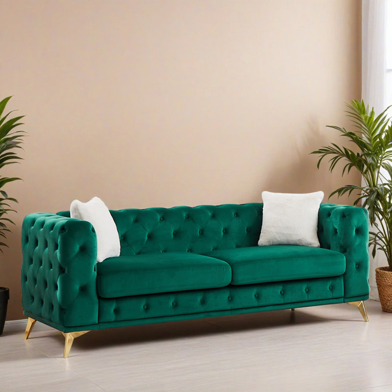 Canapé Chesterfield de style moderne l 82,51 po à 3 places et accoudoirs carrés, Vert