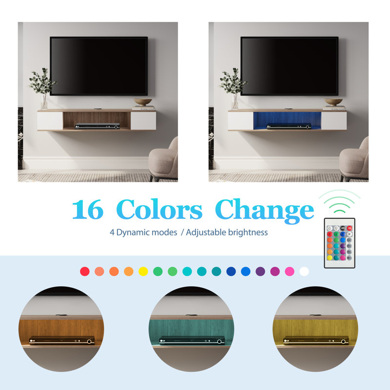 Chandru Unfinished Floating Entertainment Center for TVs up to 55, White/Oak/16-Color Light