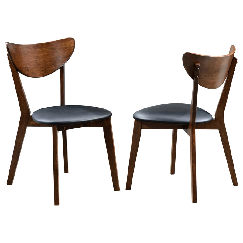 Chaises de salle à manger de style Mid-Century moderne, noir, finition noyer foncé 2 pièces côté noyer, similicuir, rembourrage en mousse