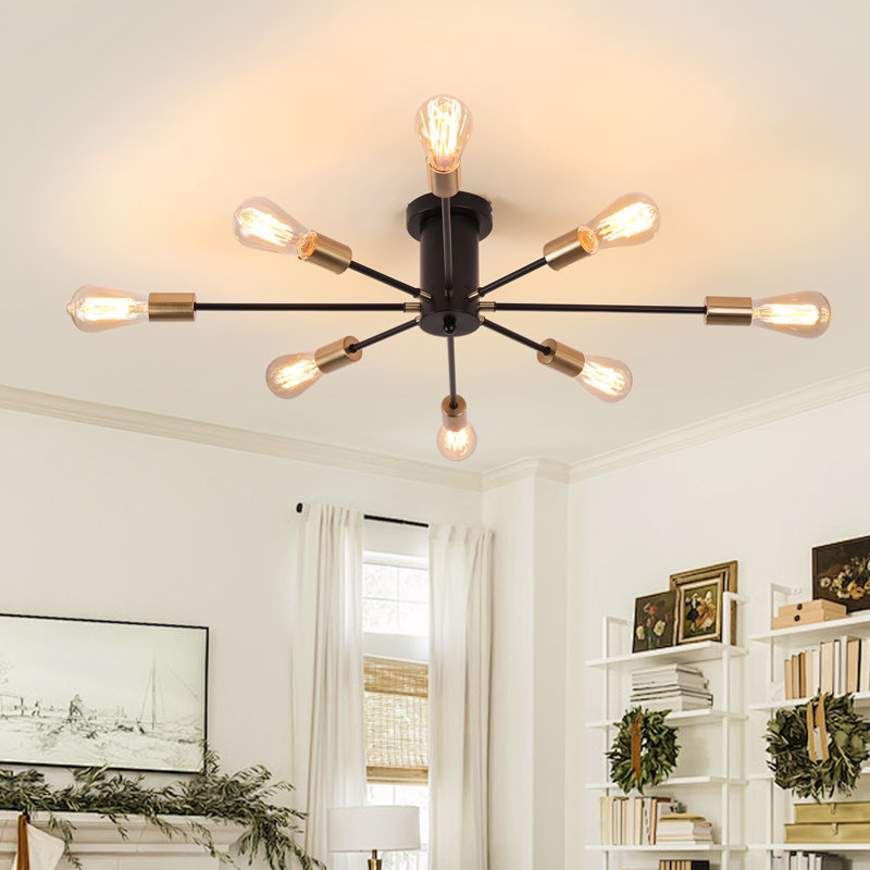 Plafonnier Spoutnik semi-encastré 8 lumières Jacobson pour salon et chambre à coucher, Noir / or