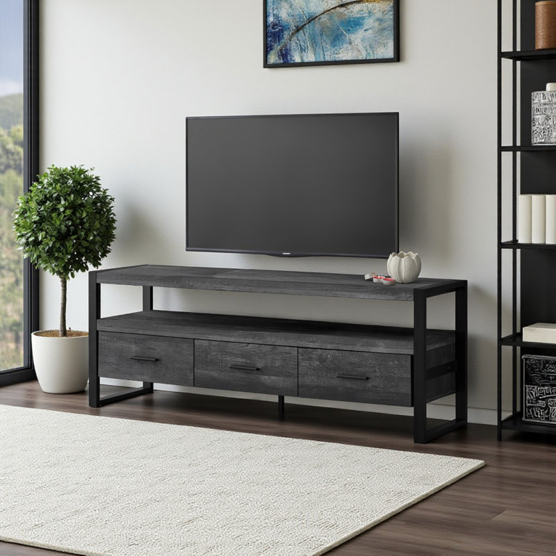 Meuble télé à finition bois noir récupéré avec 3 tiroirs, H 21,51 po x l 58,84 po x P 15,31 po, Gris foncé