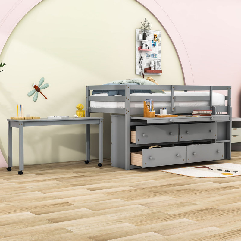 Jakilah Kids Loft Bed with Drawers, Gray, Twin