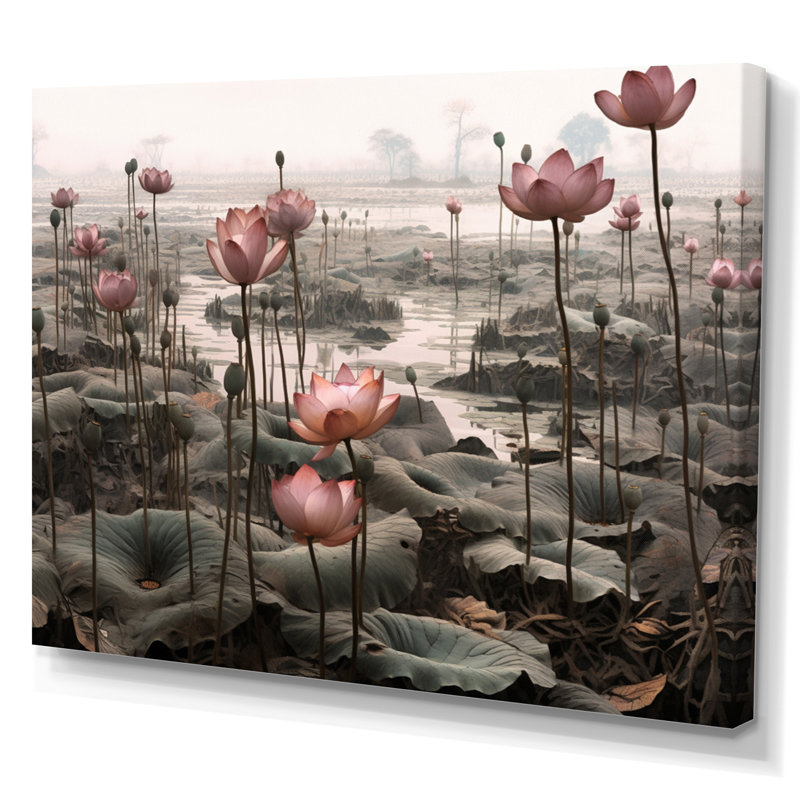 «Grey Pink Lotus Pond» sur toile par John Audubon, H 16 po x l 32 po x P 1 po, Toile tendue