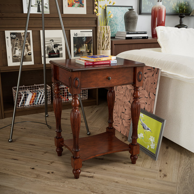 Table d'appoint en bois massif avec tiroir et tablette de rangement Halleli