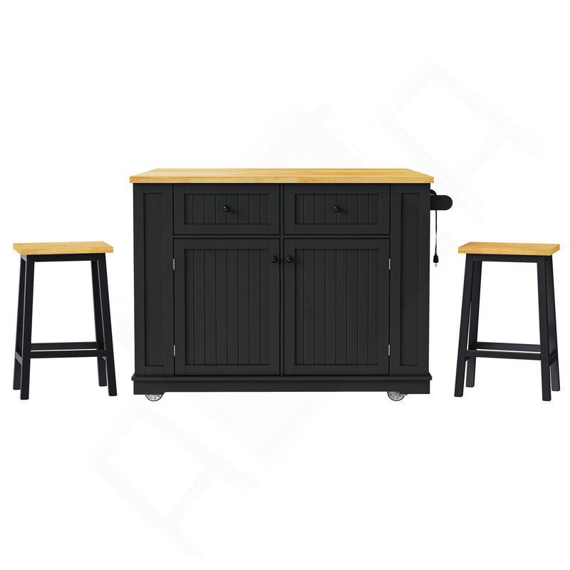 48Inch Large Kitchen Island With 2 Bar Stools, Power Outlet, Door Internal Storage Rack, Kitchen Storage Cart On 5 Wheels With Drop Leaf, 5 Open Side Racks, 2 Drawers,For Kitchen,Dining Room
