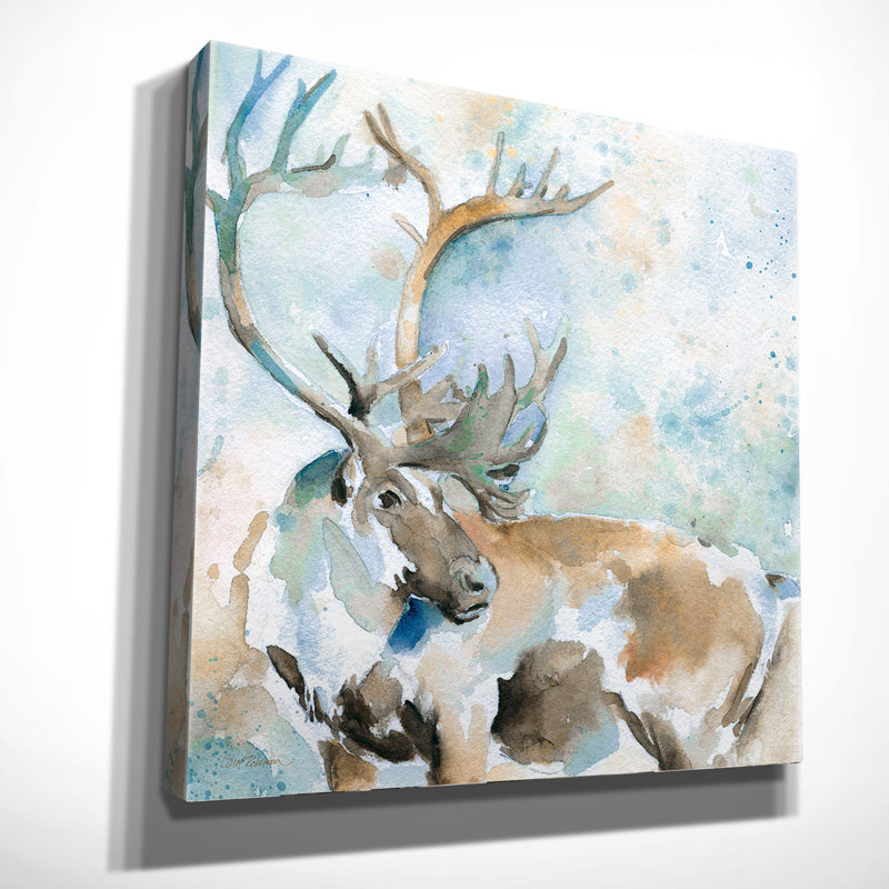 «Caribou on Blue» par Carol Robinson, reproduction d'art sur toile tendue, H 16 po x l 16 po x P 1,5 po