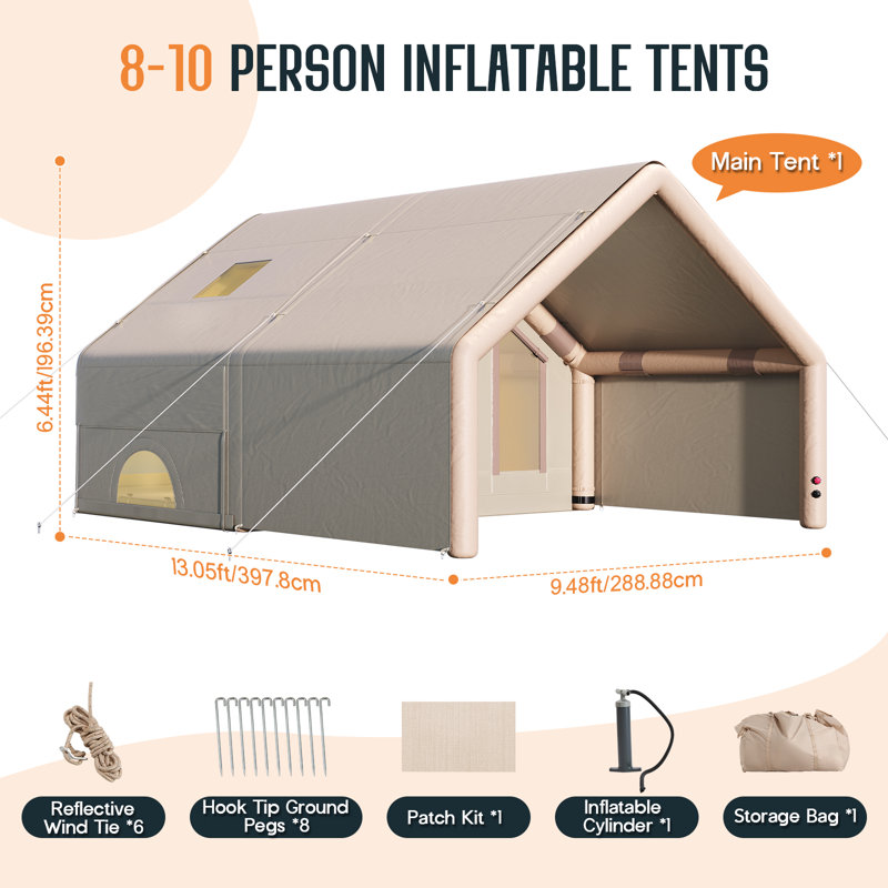 Inflatable Tent for Camping, Large Blow Up Tent 8-10 Person with Easy Setup Pump, Skylight, Stove Jack, Doors, Waterproof Oxford Outdoor Cabin, Ideal for Family, Emergency Shelter, Glamping