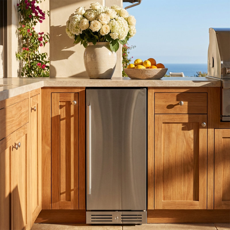 15" Built-In Outdoor Beverage Cooler 80 Can Capacity Beverage Refrigerator, Stainless Steel Compact Refrigerator with Automatic Defrost & Lock, Removable Shelves, Outdoor & Indoor Beverage Fridge