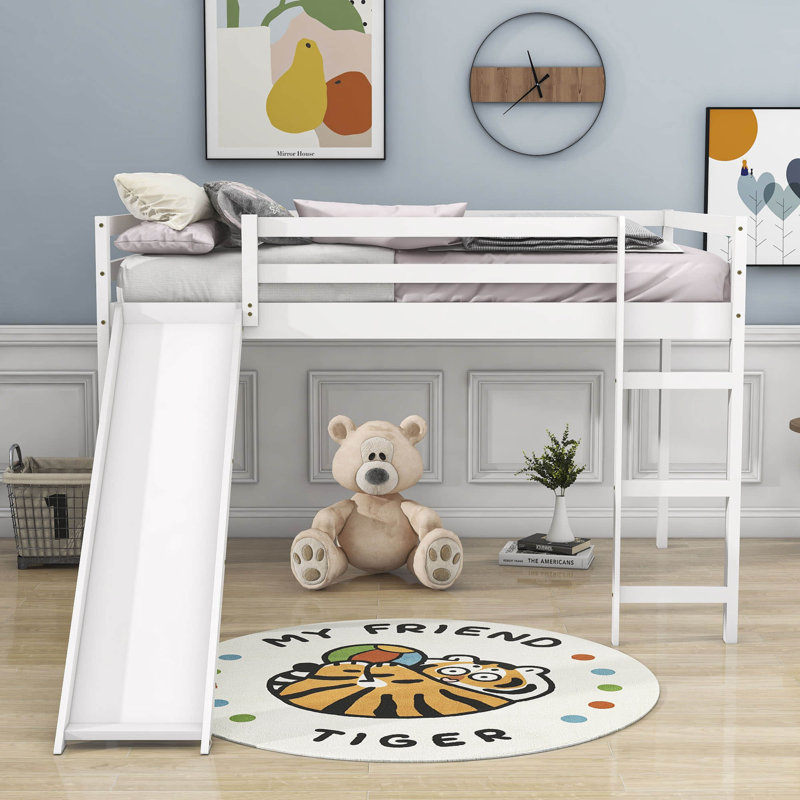 Full Size Wood Loft Bed with Slide, White