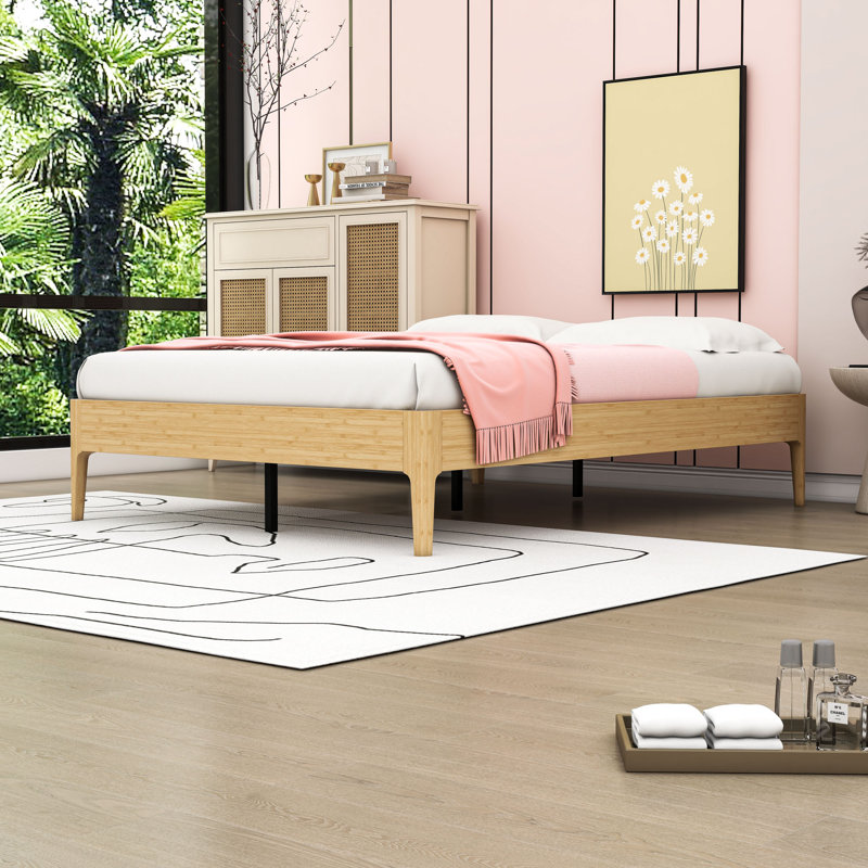 Lit plateforme en bambou avec support en métal et rangement sous le lit, Lit double, Naturel