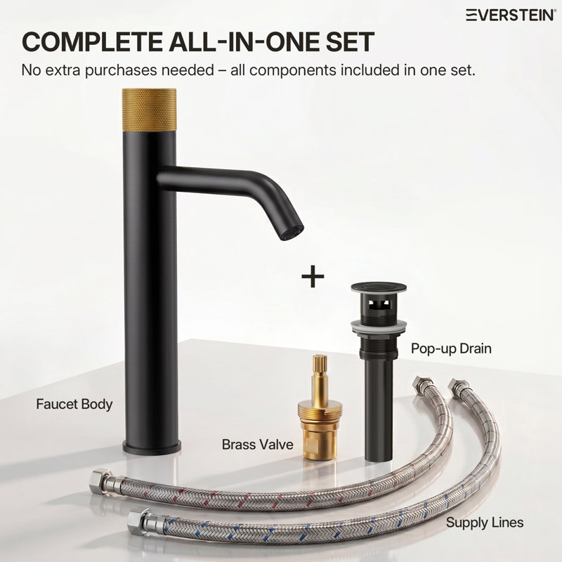 Single Hole Bathroom Vessel Faucet, Single Handle Bathroom Vessel Sink Faucet with Drain Assembly, Matte Black/Brushed Gold