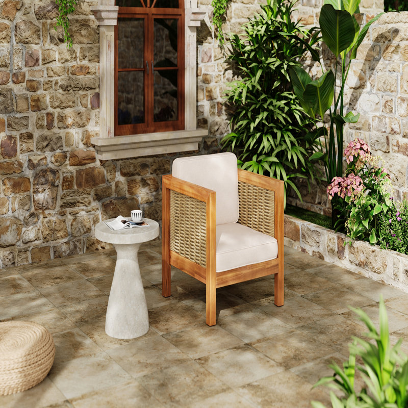 Acacia Wood Outdoor Club Chair With Wicker Armrest And Beige Cushions,400 Lbs Capacity