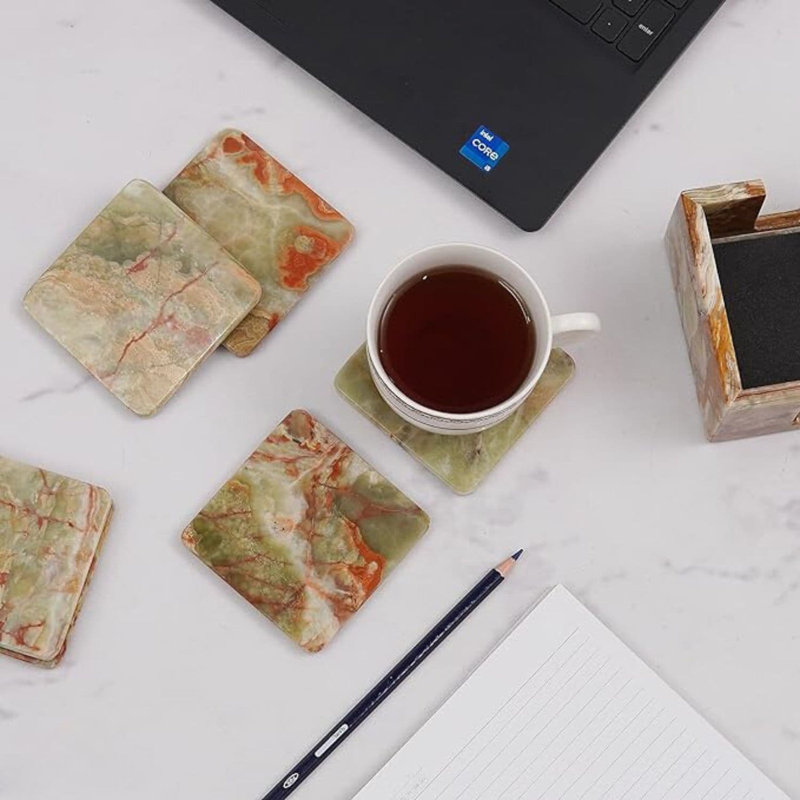 3.5" Marble Coaster Set with Holder, Green Onyx