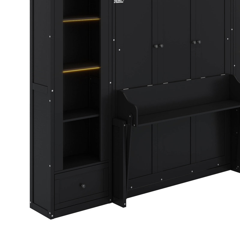 Grand lit plateforme escamotable avec tablette, armoires latérales, tiroirs et DEL, Noir
