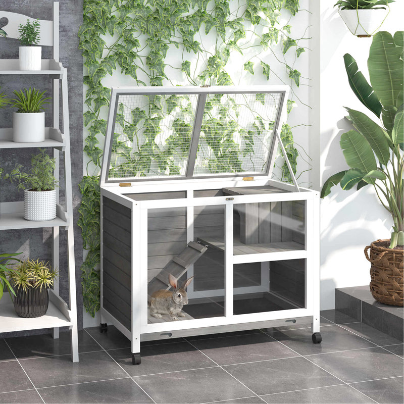 Lapin d'intérieur - taille de bureau et de table d'appoint, gris. Cage en bois imperméable avec roues pour 1 ou 2 lapins nains. 36 po x 21 po x 28,75 po. Pièces personnalisables pour stylo compact Space Design