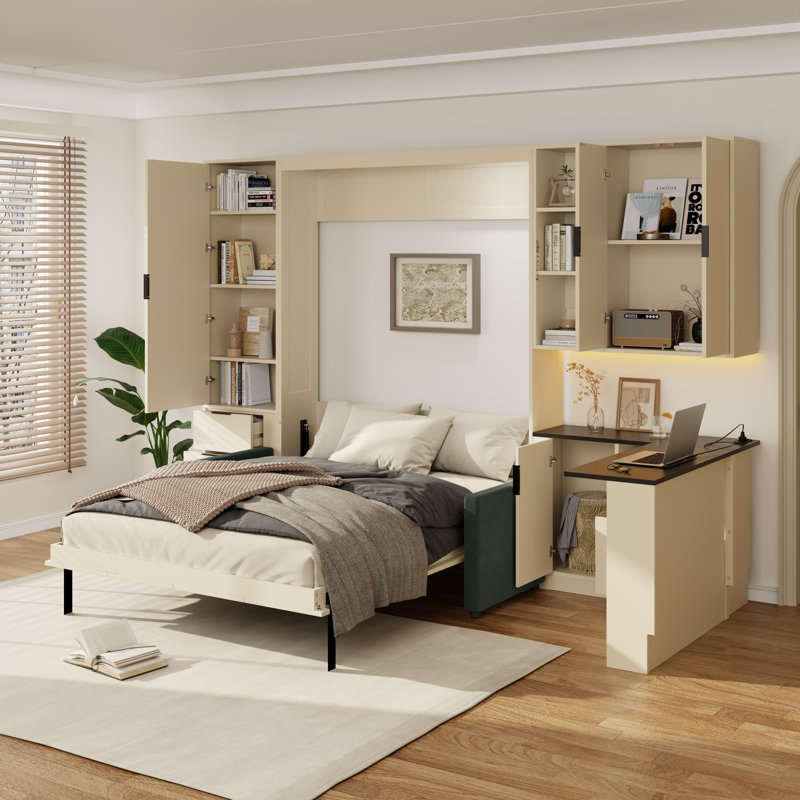 Grand lit escamotable mural avec rangement hydraulique, canapé, tablettes et tiroirs, éclairage DEL / USB, panneau crème, canapé vert