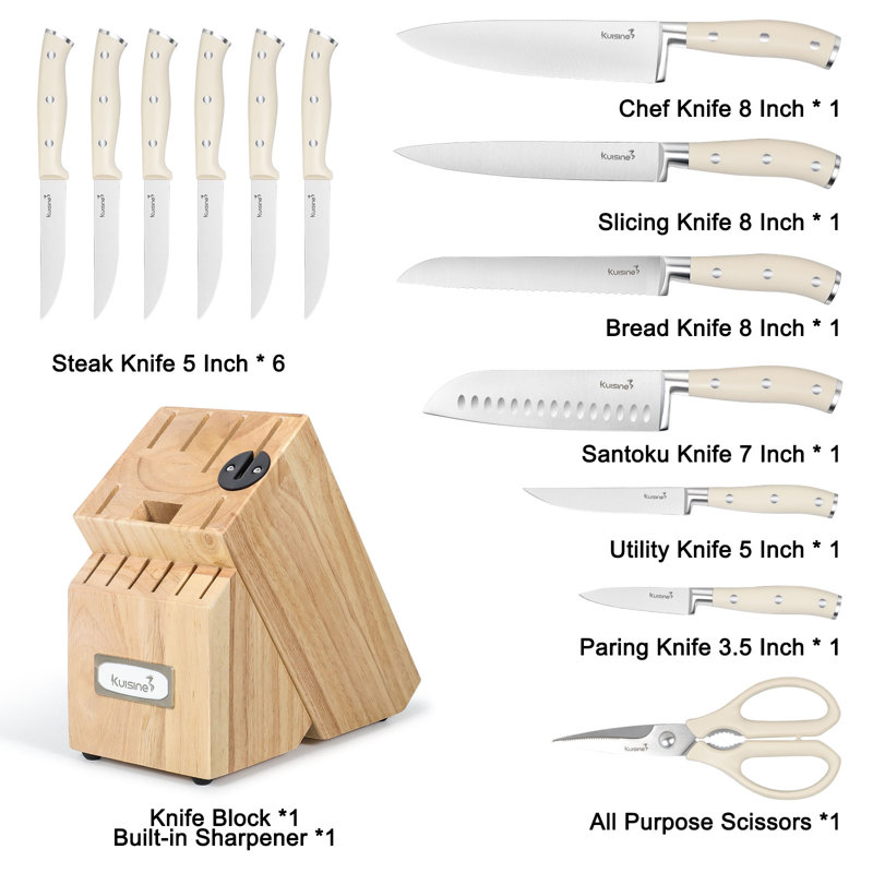 Ensemble de couteaux de cuisine en acier inoxydable à haute teneur en carbone 15 pièces, ensemble de couteaux de chef en ABS ivoire, porte-aiguiseur intégré, ensemble de couteaux à steak