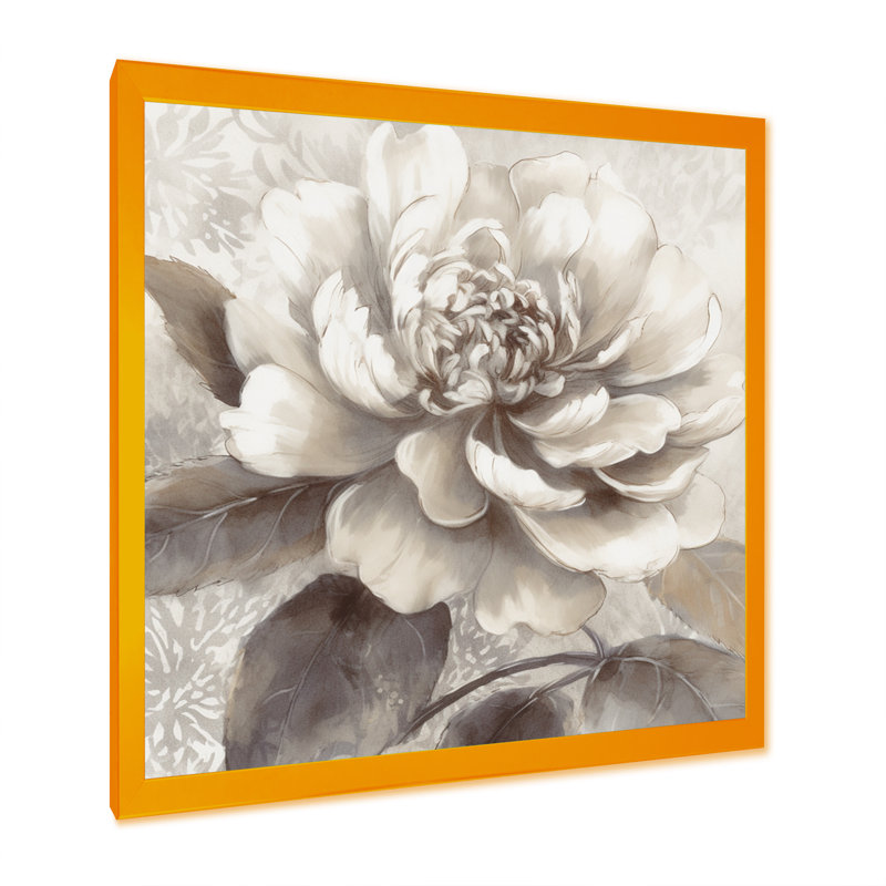 Pivoines grises sur branche II - art mural encadré de pivoines florales pour le salon, H 16 po x l 16 po x P 1 po
