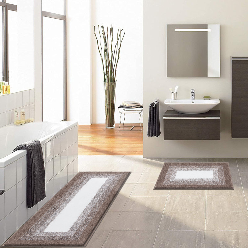 Geometric Super Soft & Absorbent Washable Bathroom Mat Set of 2, Coffee